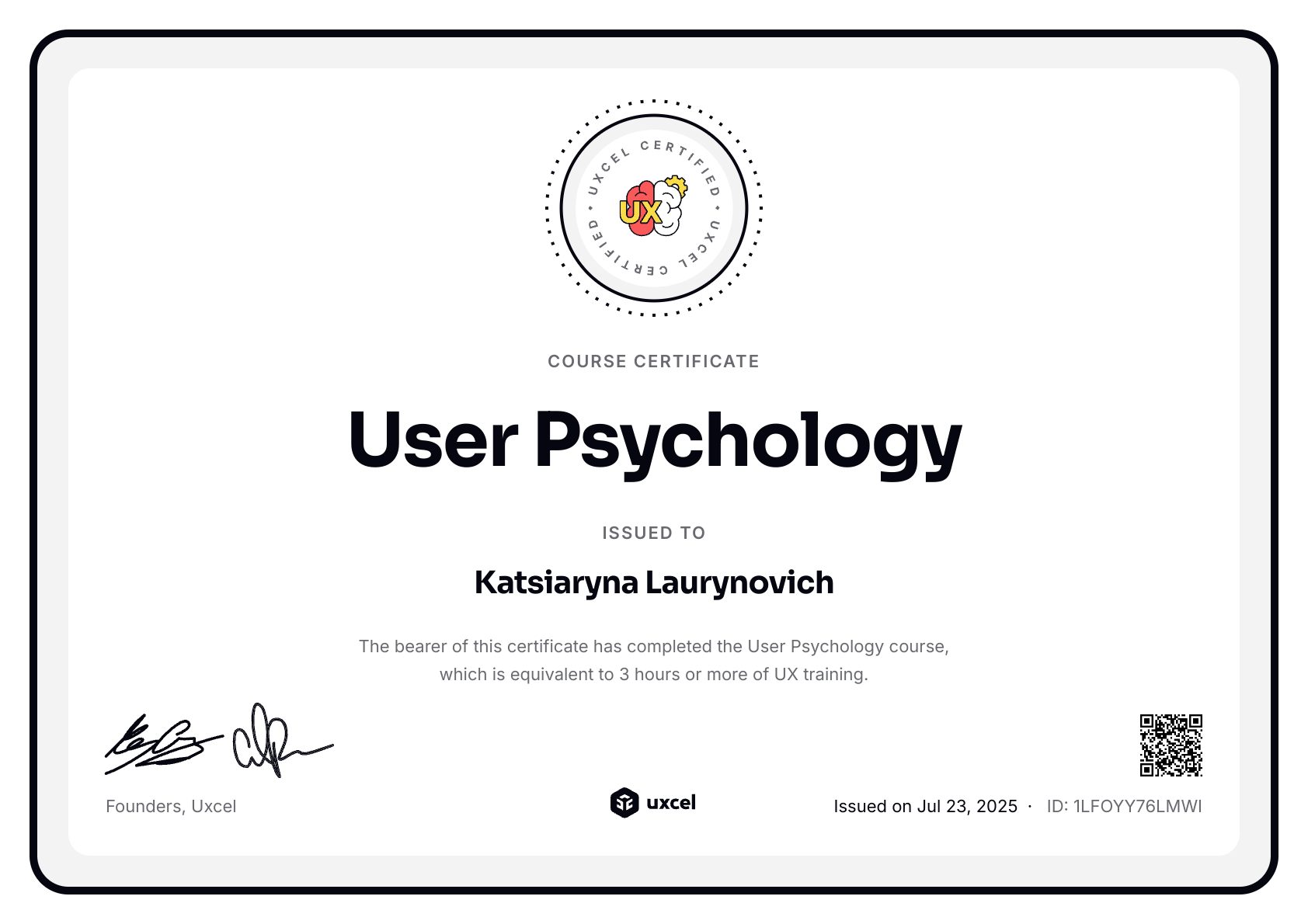 Katsiaryna Laurynovich's certificate